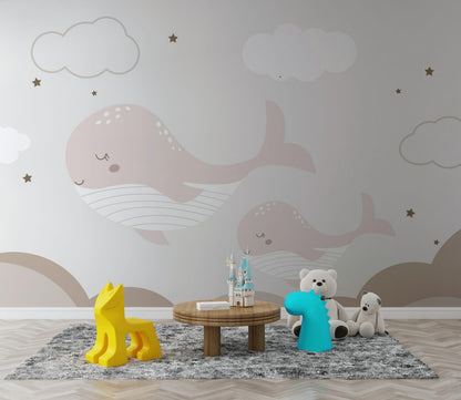 Boho Whale Nursery Wallpaper, Neutral Ocean Wall Mural, Minimalist Peel and Stick Baby Decor