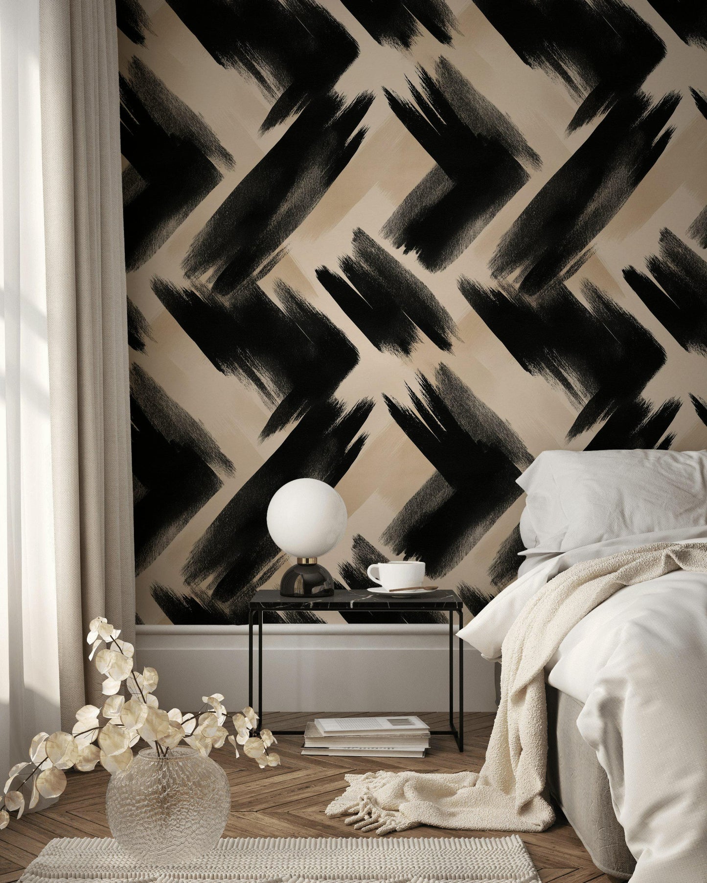 Abstract Brush Stroke Wallpaper | Modern Black White Wall Mural | Artistic Peel and Stick Decor