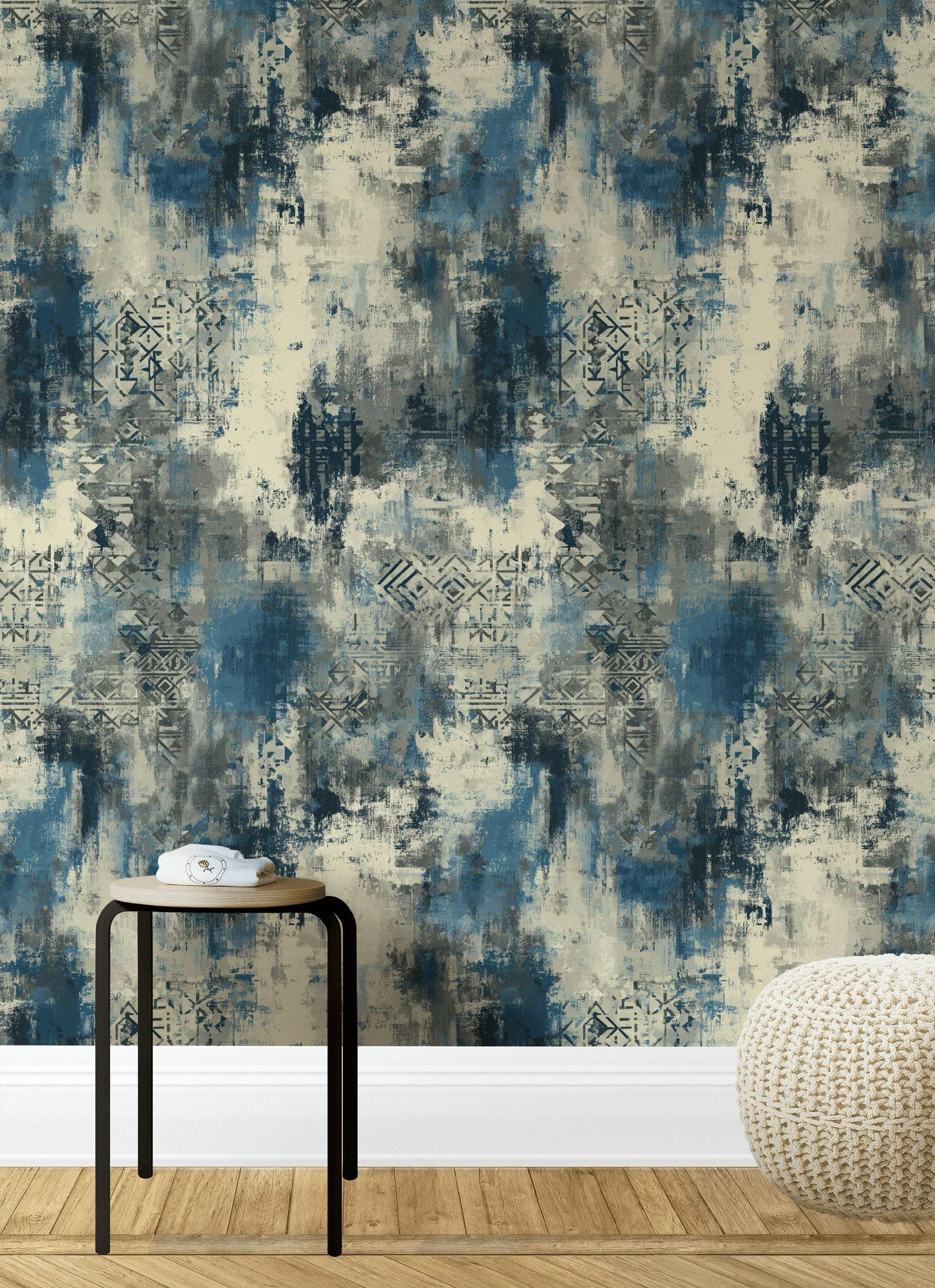 Abstract Blue Grey Wallpaper | Distressed Industrial Wall Mural | Modern Urban Peel and Stick Decor