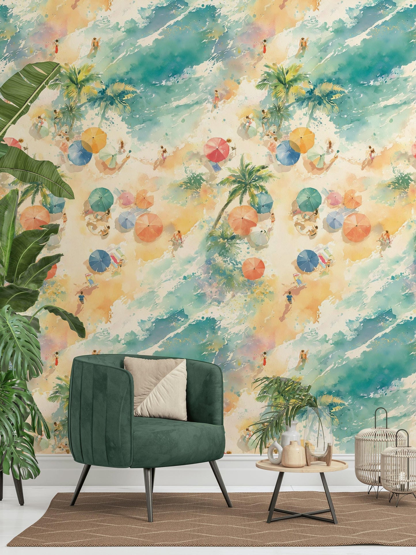 Aerial Beach Scene Wallpaper | Watercolor Coastal Wall Mural | Summer Peel and Stick Decor