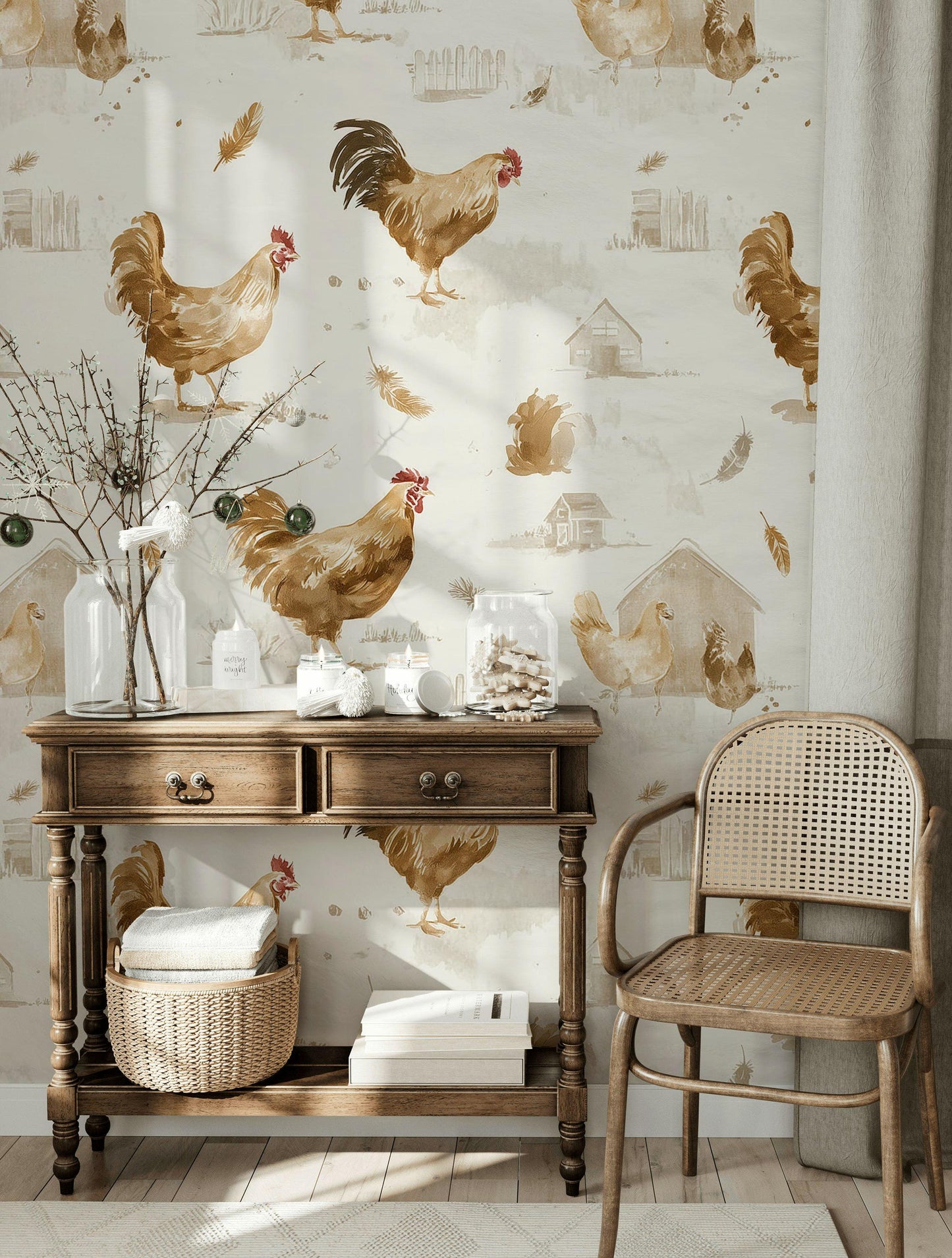 Farmhouse Rooster Chicken Wallpaper | Rustic Country Wall Mural | Watercolor Peel and Stick Decor