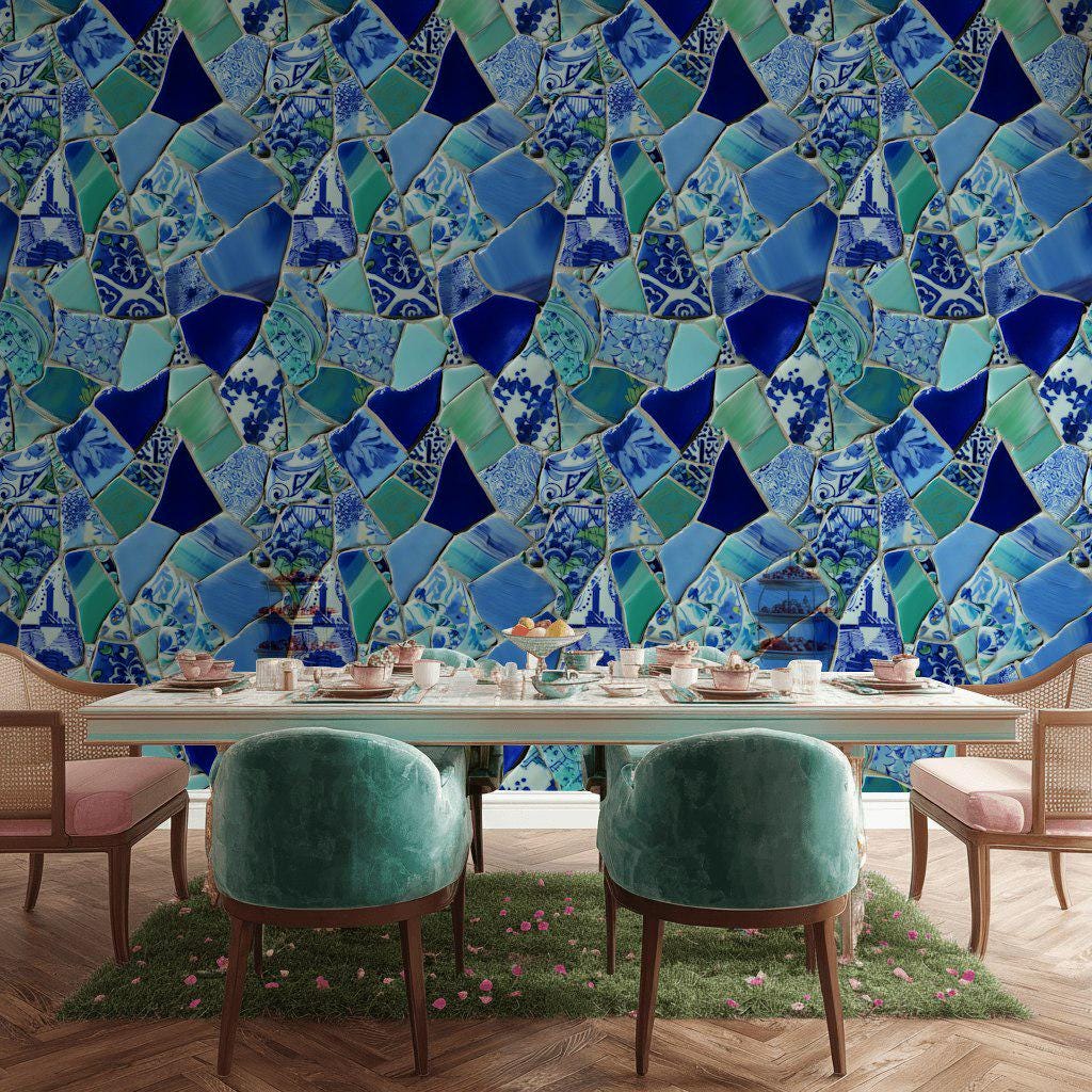 Blue Broken Ceramic Mosaic Wallpaper, Chinoiserie Porcelain Peel & Stick or Unpasted Vertical Wall Mural