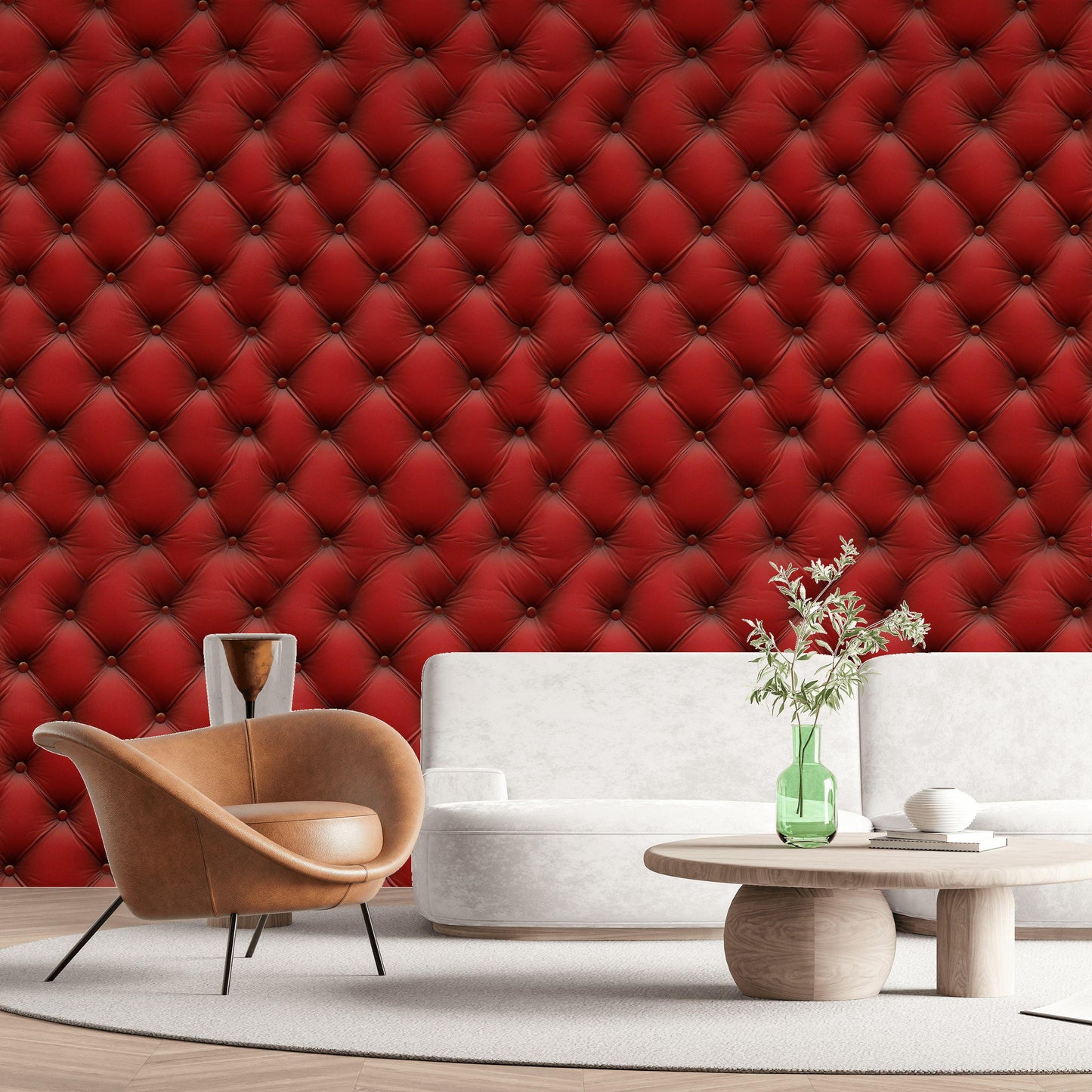 Red Tufted Texture Wallpaper, Chesterfield 3D Effect Vertical Panel, Peel & Stick or Unpasted Mural