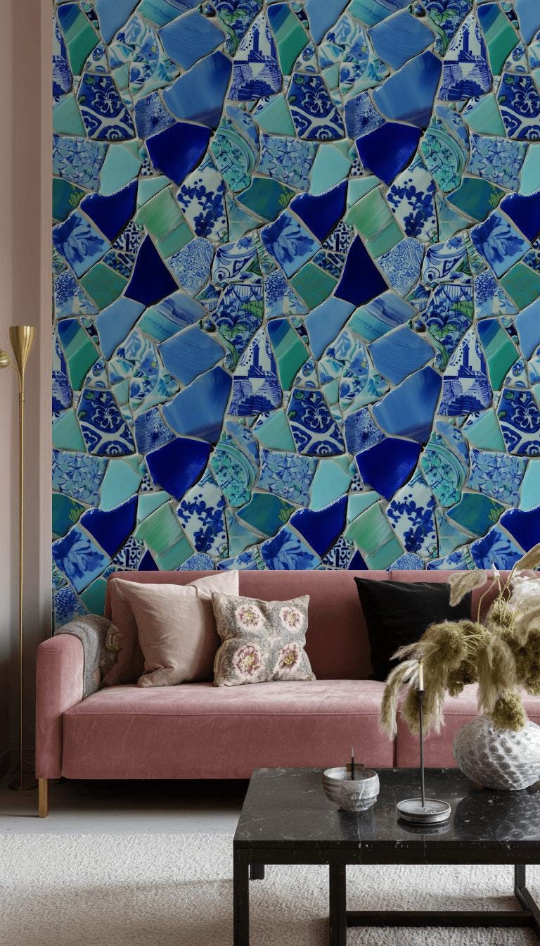 Blue Broken Ceramic Mosaic Wallpaper, Chinoiserie Porcelain Peel & Stick or Unpasted Vertical Wall Mural