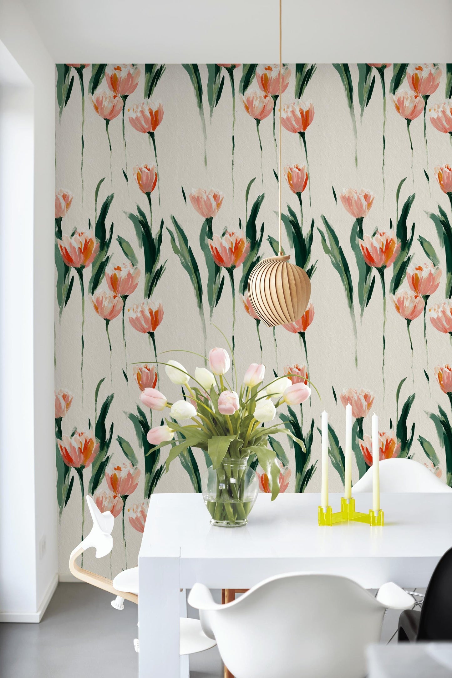 Minimalist Tulip Wallpaper, Modern Pink Floral Wall Mural, Botanical Peel and Stick Decor