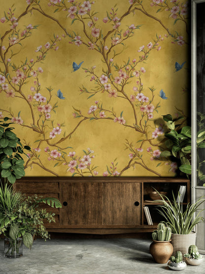 Chinoiserie Blossom Tree Wallpaper: Gold Butterfly Wall Mural, Peel & Stick