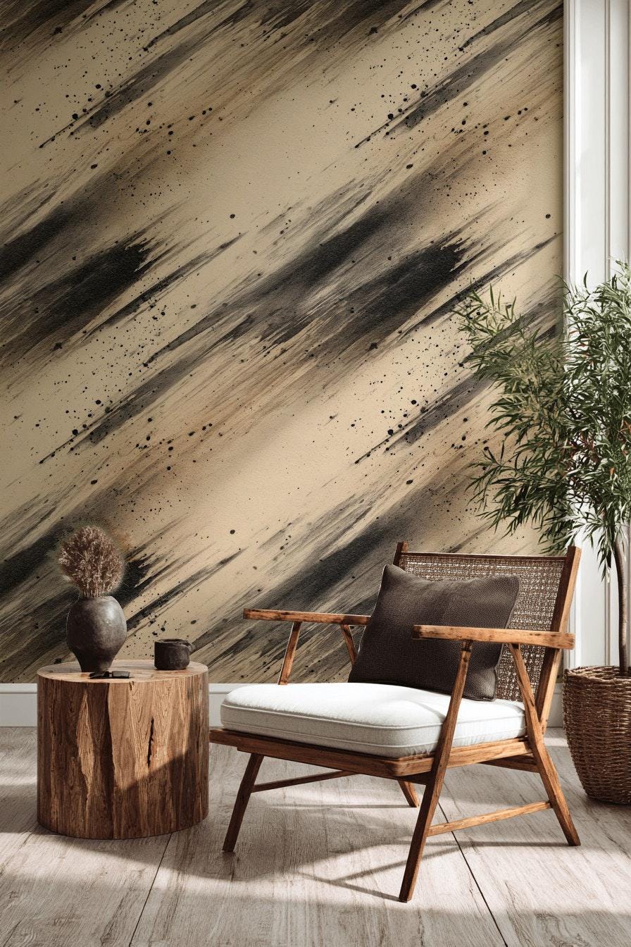 Abstract Ink Splatter Wallpaper: Black Beige Brushstrokes, Peel & Stick Mural