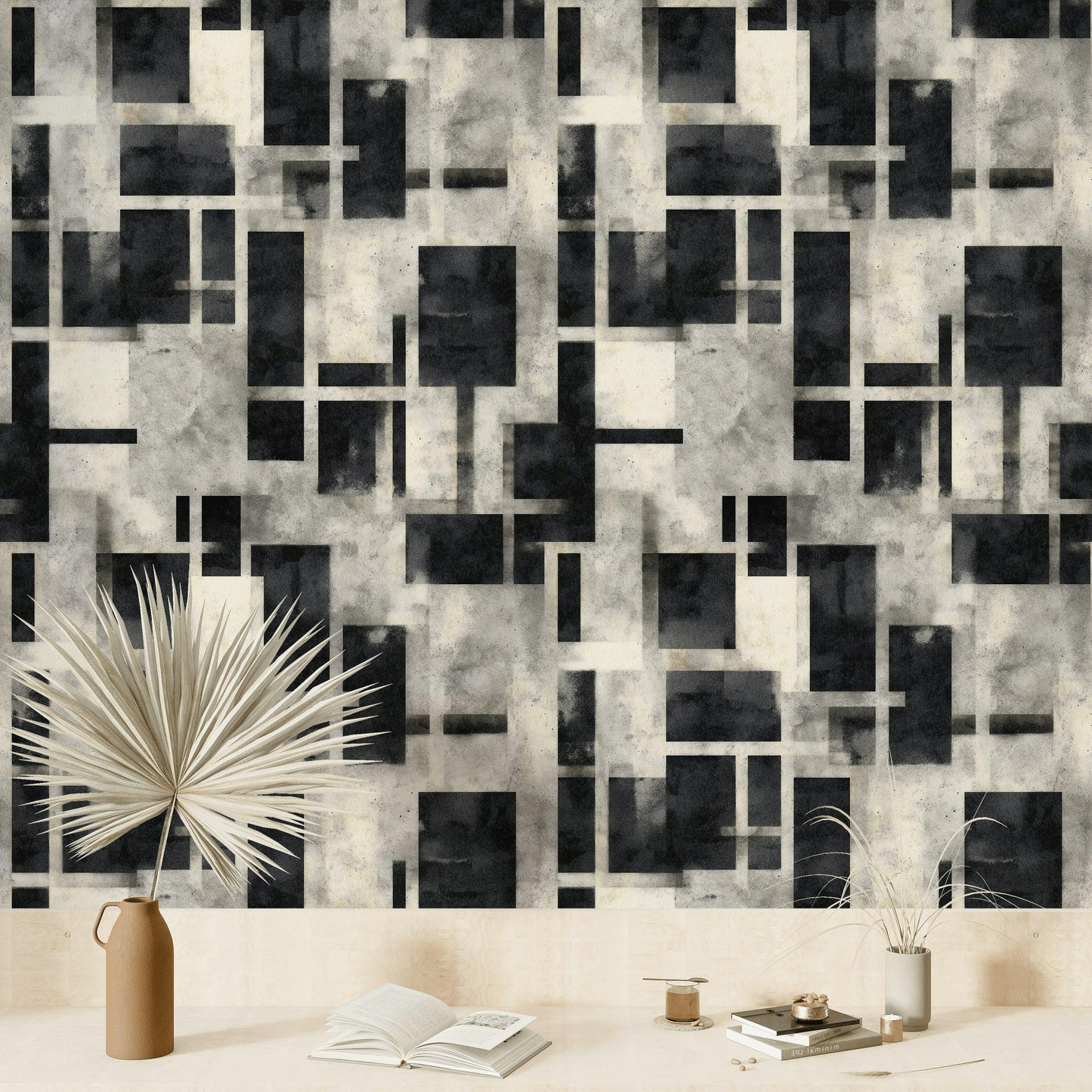 Black and White Geometric Grid Wallpaper Mural: Modern Peel and Stick
