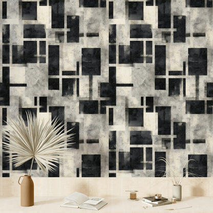 Black and White Geometric Grid Wallpaper Mural: Modern Peel and Stick
