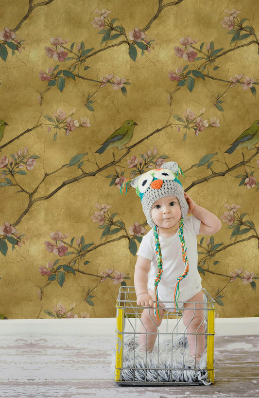 Chinoiserie Gold Leaf Wallpaper: Bird & Cherry Blossom Peel and Stick Mural