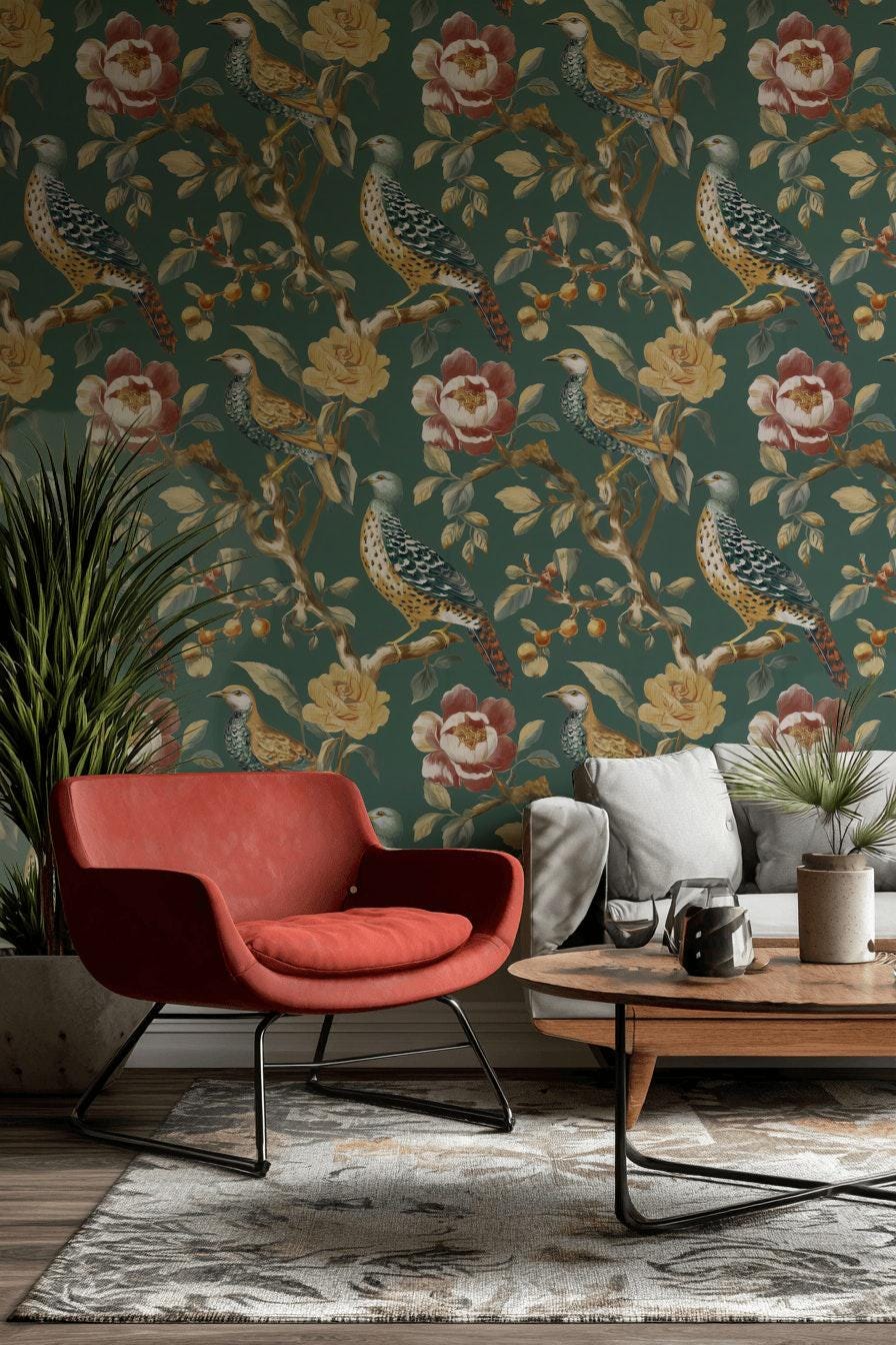 Chinoiserie Bird Wallpaper: Dark Green Floral Peel and Stick Mural