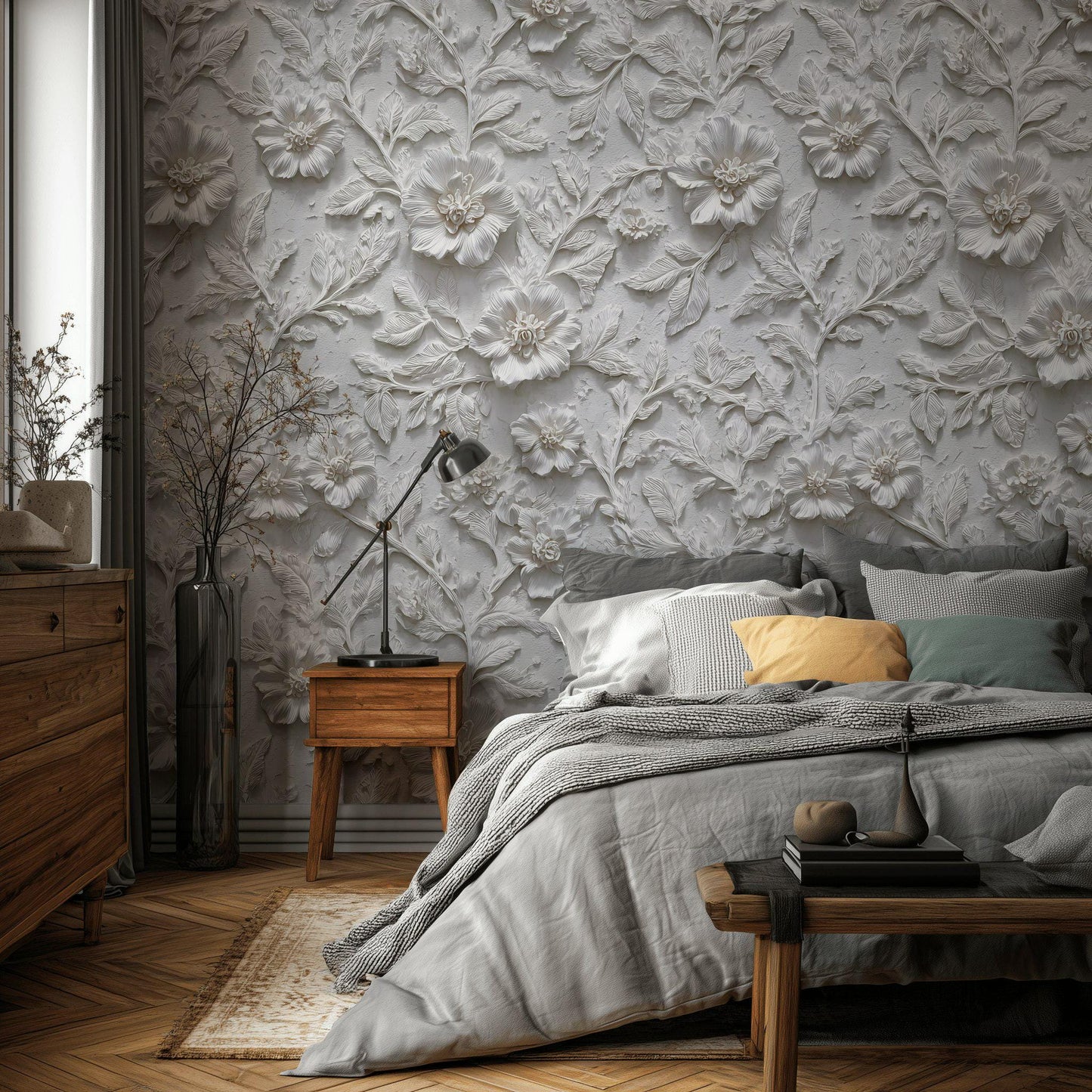 Embossed 3D Floral Wallpaper, White Textured Wall Mural, Peel and Stick Minimalist Decor