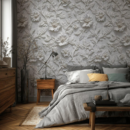 Floral Wallpaper with 3D Effect White Minimalist Wall Mural