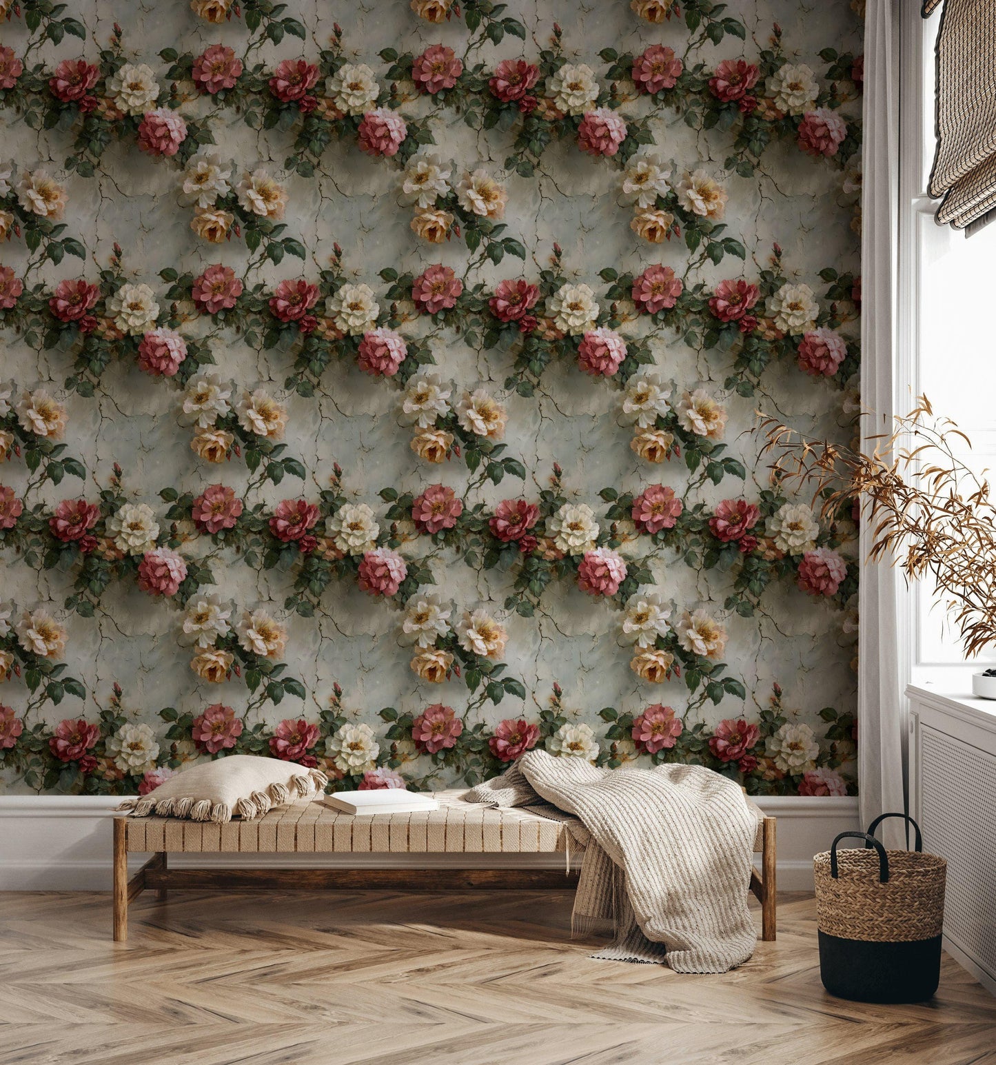 Rose Mural Wallpaper: Shabby Chic Crackle Effect (Peel & Stick)