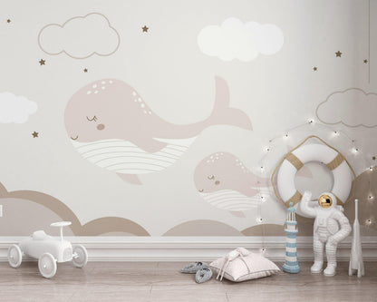Boho Whale Nursery Wallpaper, Neutral Ocean Wall Mural, Minimalist Peel and Stick Baby Decor