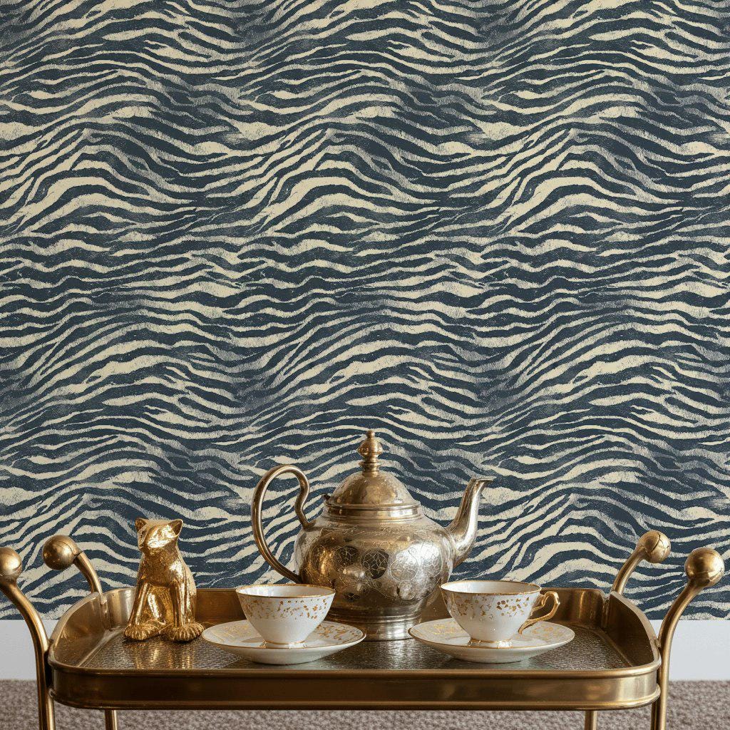 Navy Blue Zebra Print Wallpaper: Textured Peel and Stick Wall Mural