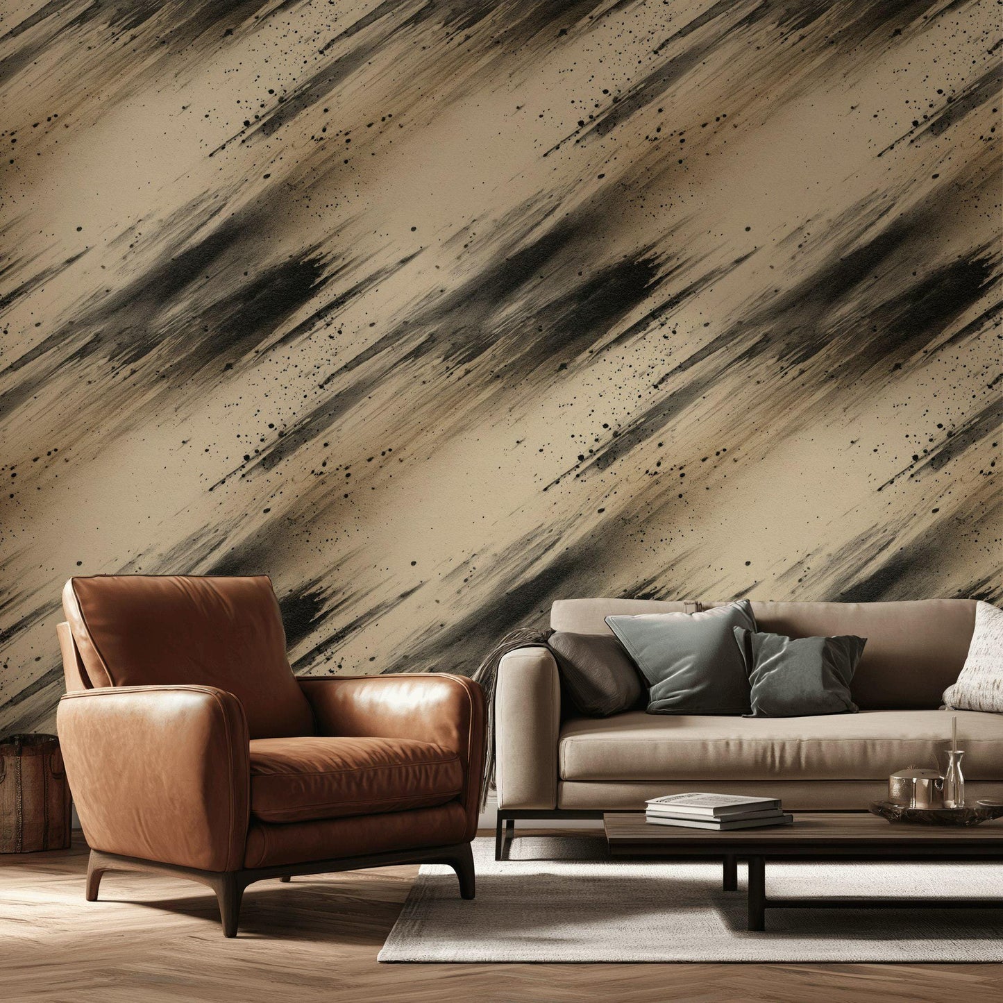 Abstract Ink Splatter Wallpaper: Black Beige Brushstrokes, Peel & Stick Mural