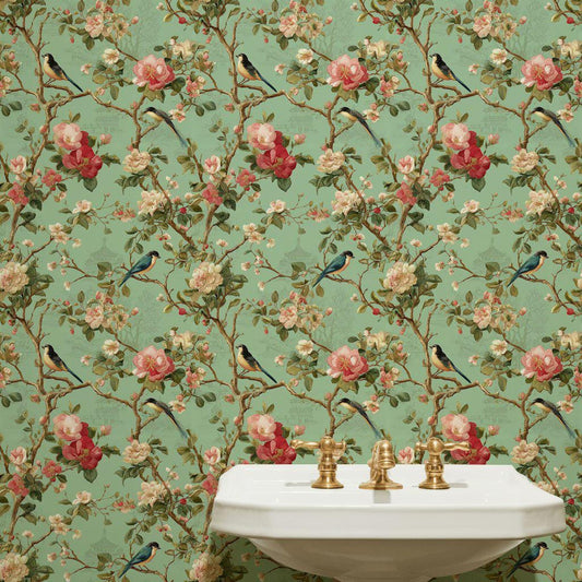 Chinoiserie Birds & Flowers Wallpaper | Vintage Oriental Wall Mural | Botanical Green Peel and Stick Decor