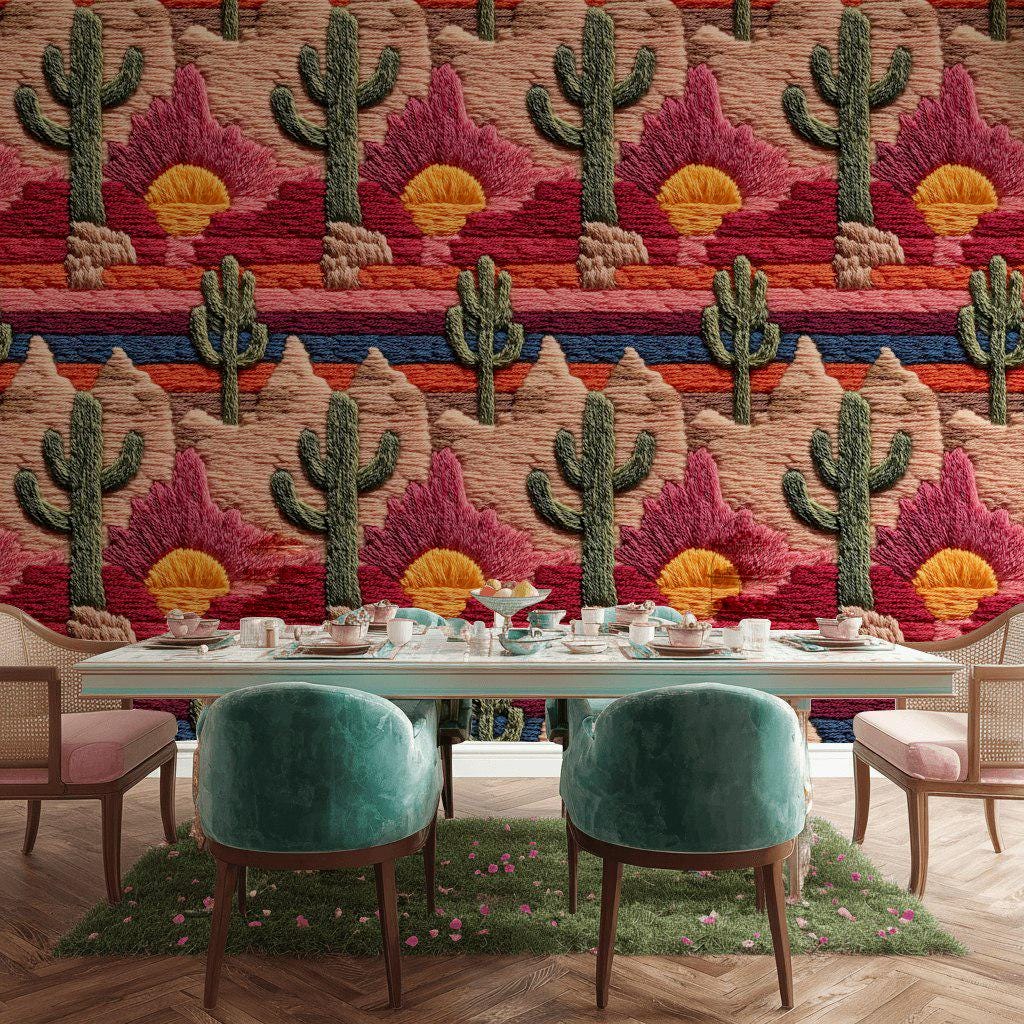 Embroidered Desert Landscape Wallpaper | Southwestern Wall Mural | Boho Peel and Stick Decor