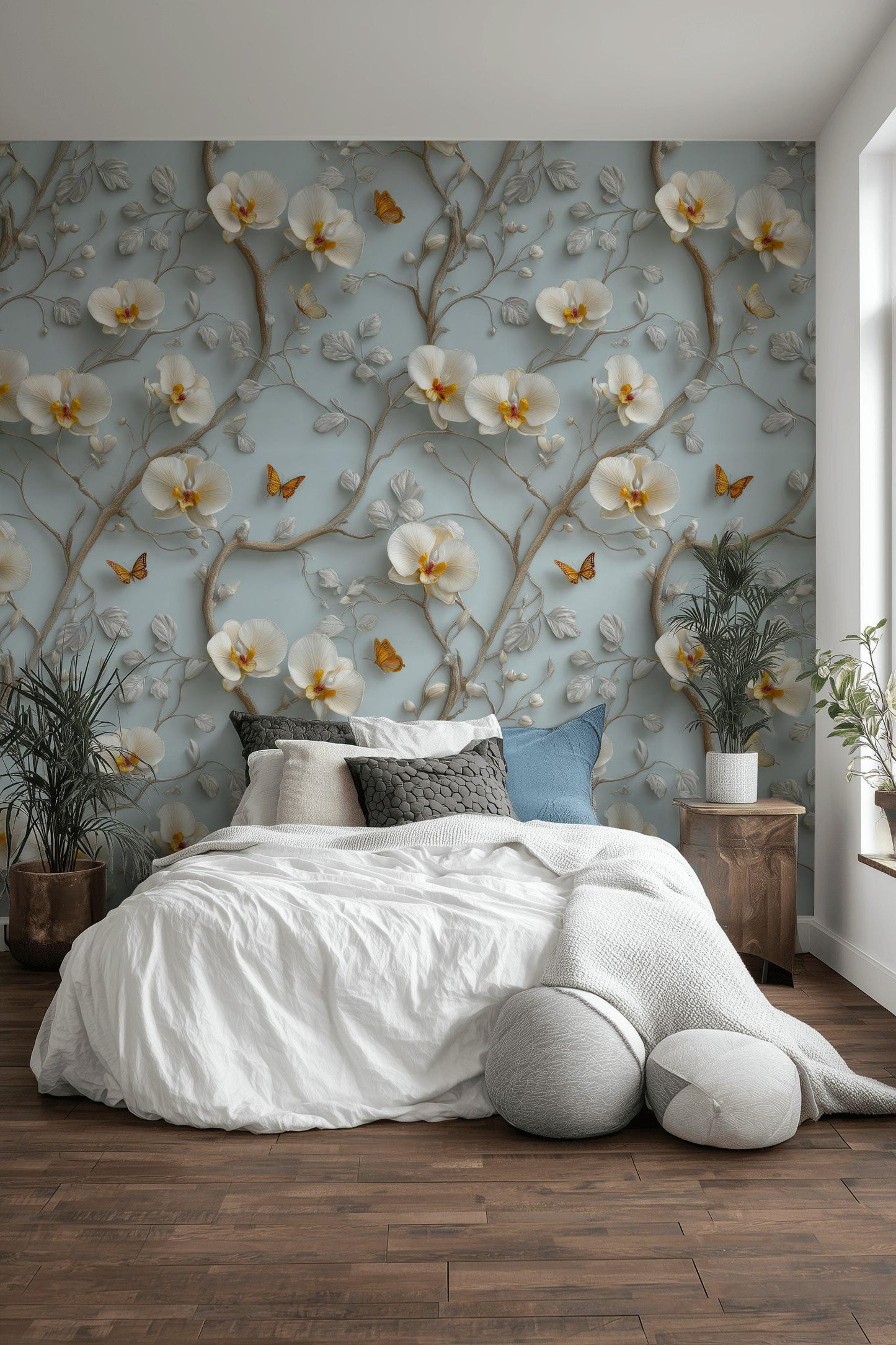 3D Orchid Wallpaper: Blue & White Butterfly Wall Mural - Peel and Stick