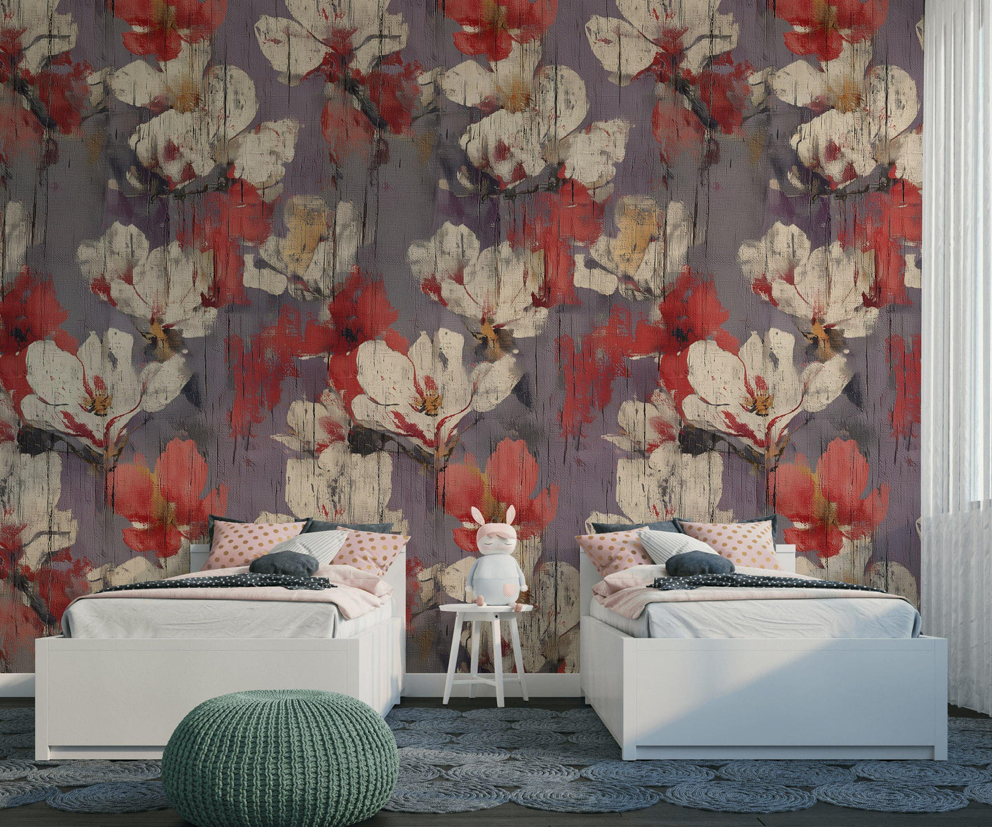 Abstract Floral Peel and Stick Wallpaper: Distressed Wood Texture Wall Mural