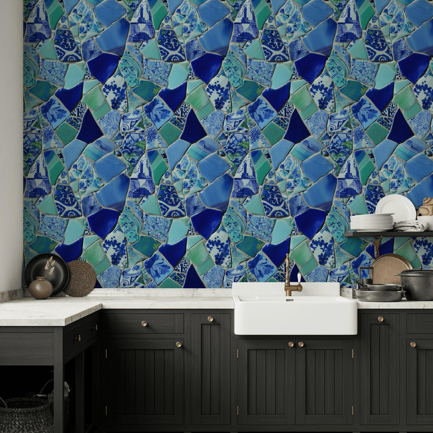 Blue Broken Ceramic Mosaic Wallpaper, Chinoiserie Porcelain Peel & Stick or Unpasted Vertical Wall Mural