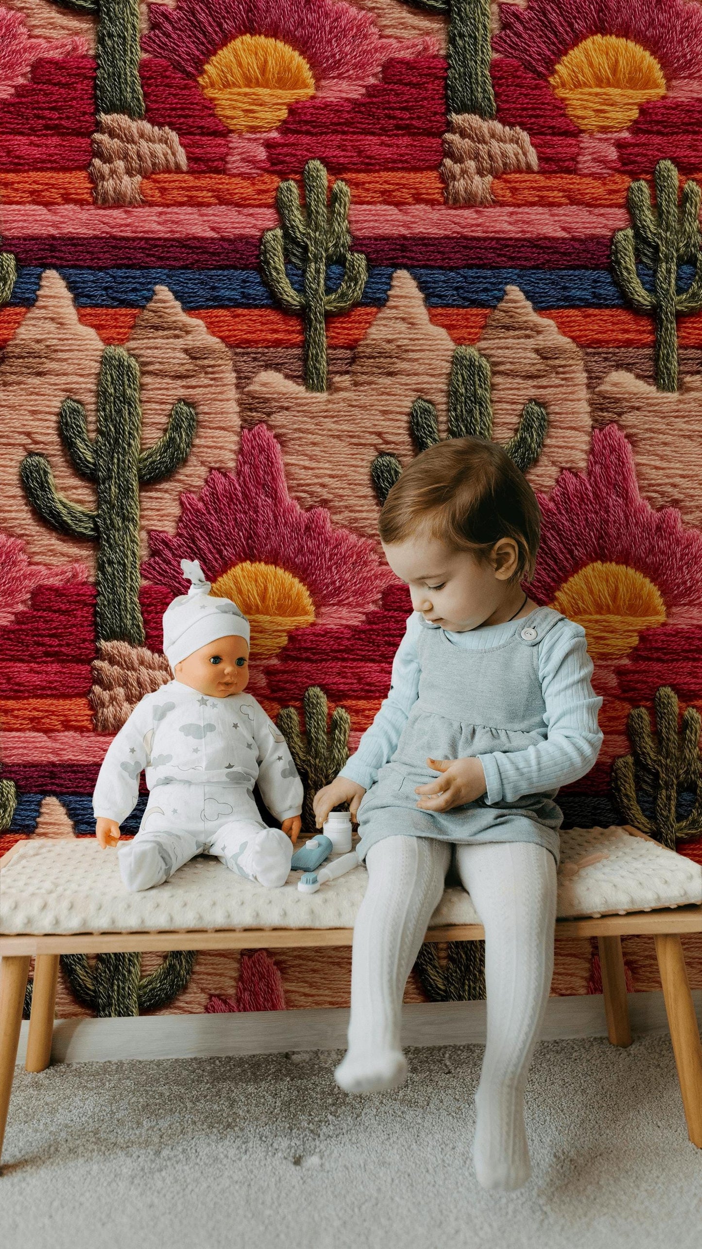 Embroidered Desert Landscape Wallpaper | Southwestern Wall Mural | Boho Peel and Stick Decor