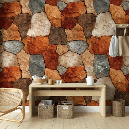 Rustic Stone Wall Wallpaper | Natural Stacked Rock Mural | Faux Stone Peel and Stick Decor