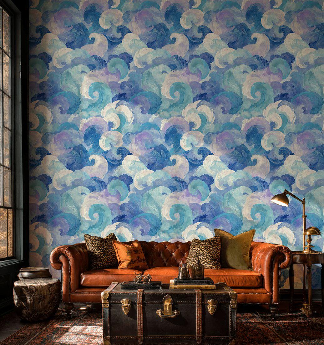 Blue Purple Wave Wallpaper Mural: Abstract Ocean Swirl (Peel & Stick or Unpasted)