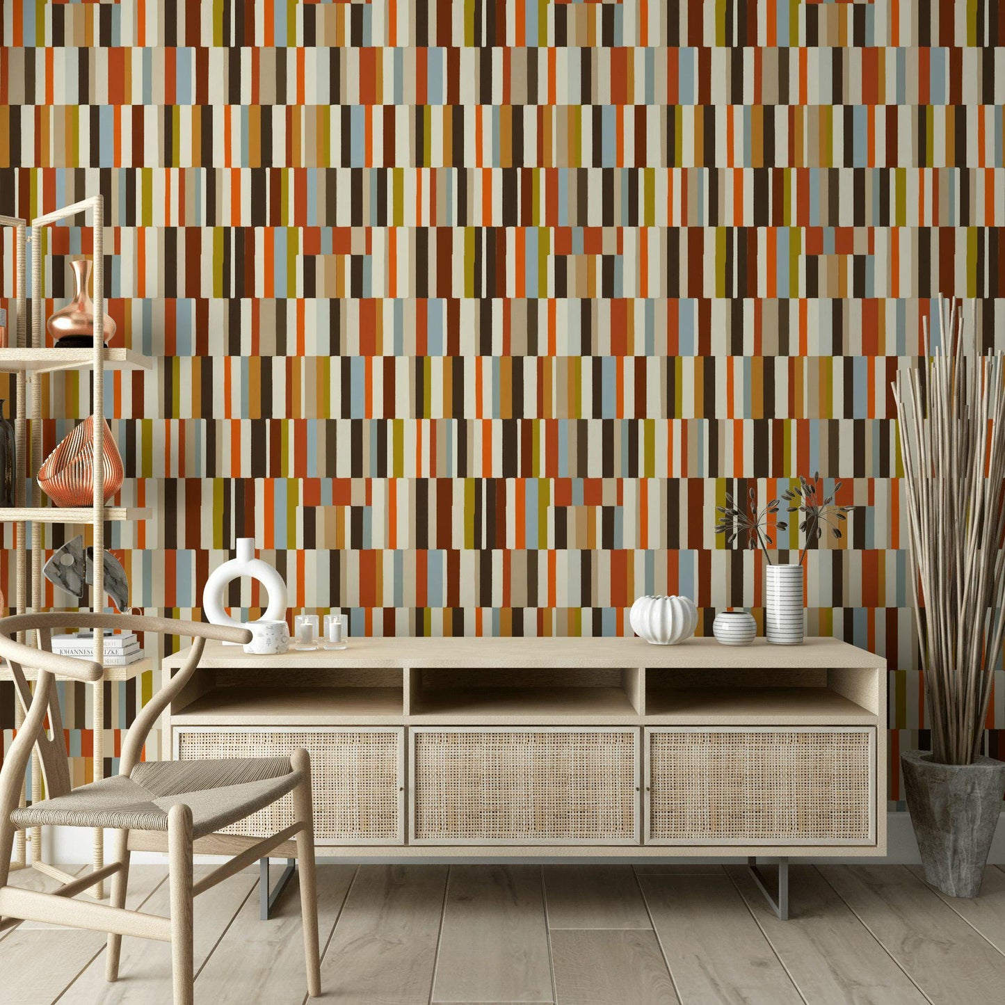 Mid-Century Modern Wallpaper, Retro Color Blocks Vertical Stripe Mural, Peel & Stick or Unpasted Panel