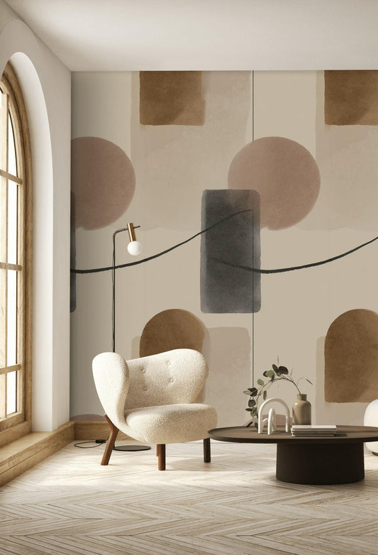 Abstract Geometric Wallpaper, Minimalist Wall Mural, Neutral Tones Peel and Stick Decor