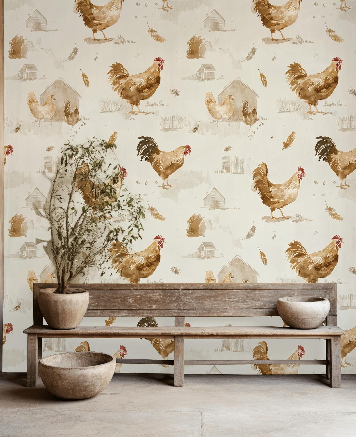 Farmhouse Rooster Chicken Wallpaper | Rustic Country Wall Mural | Watercolor Peel and Stick Decor