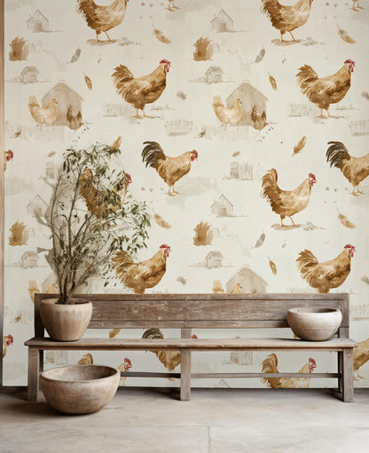Farmhouse Rooster Chicken Wallpaper | Rustic Country Wall Mural | Watercolor Peel and Stick Decor