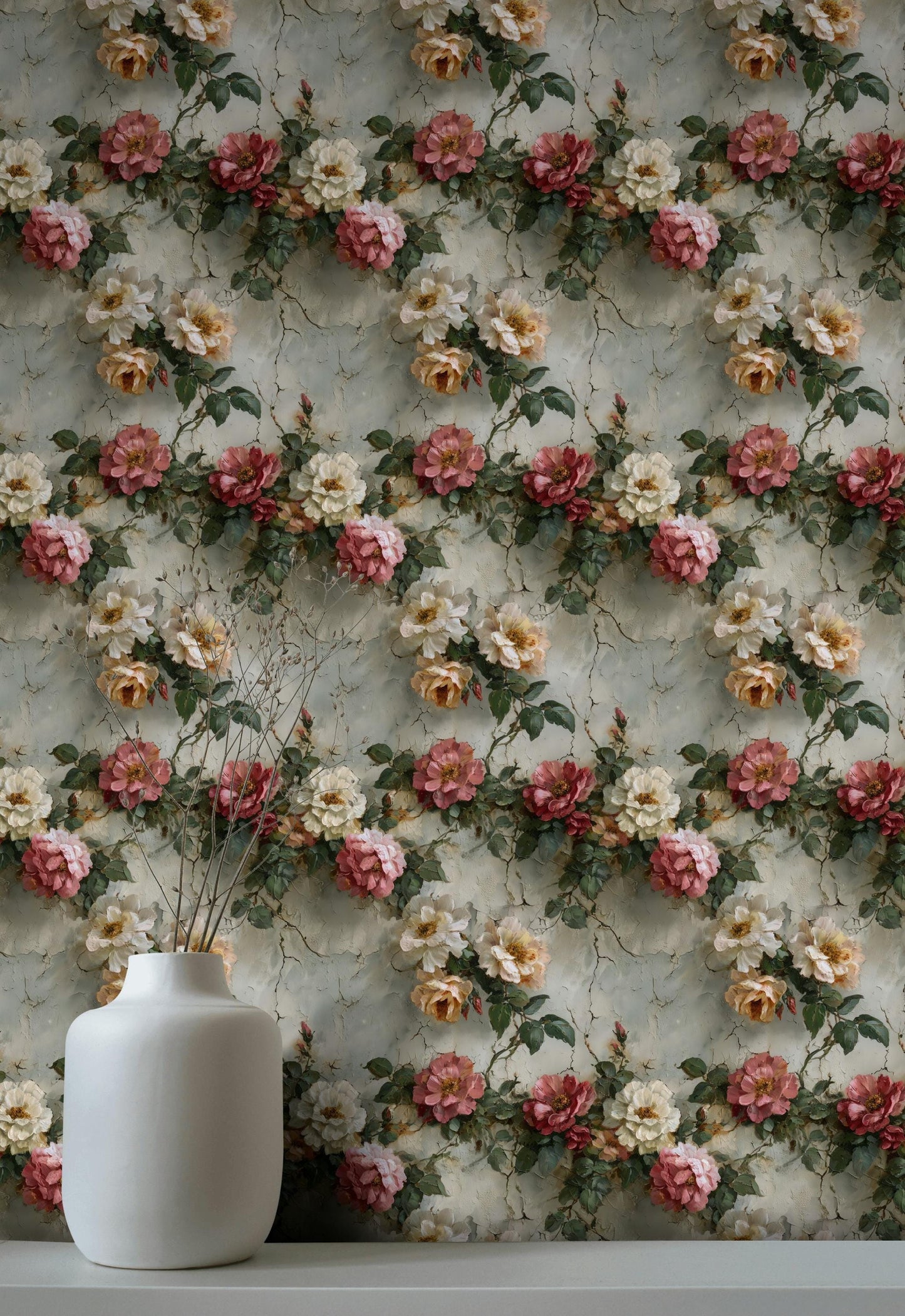 Rose Mural Wallpaper: Shabby Chic Crackle Effect (Peel & Stick)