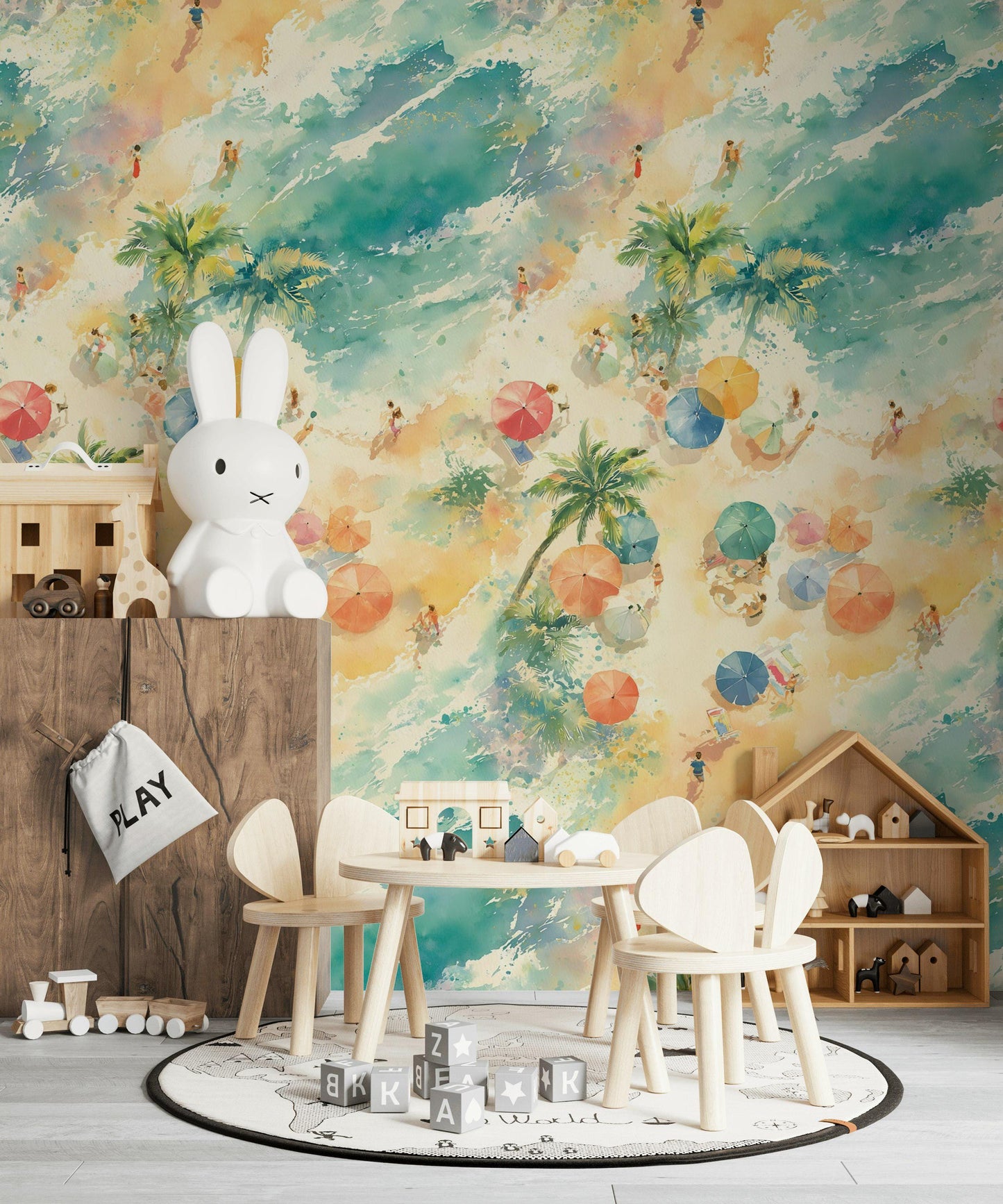 Aerial Beach Scene Wallpaper | Watercolor Coastal Wall Mural | Summer Peel and Stick Decor