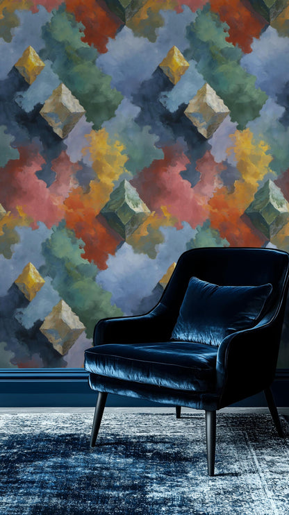 Geometric Cloud Wall Mural: Abstract Peel and Stick Wallpaper
