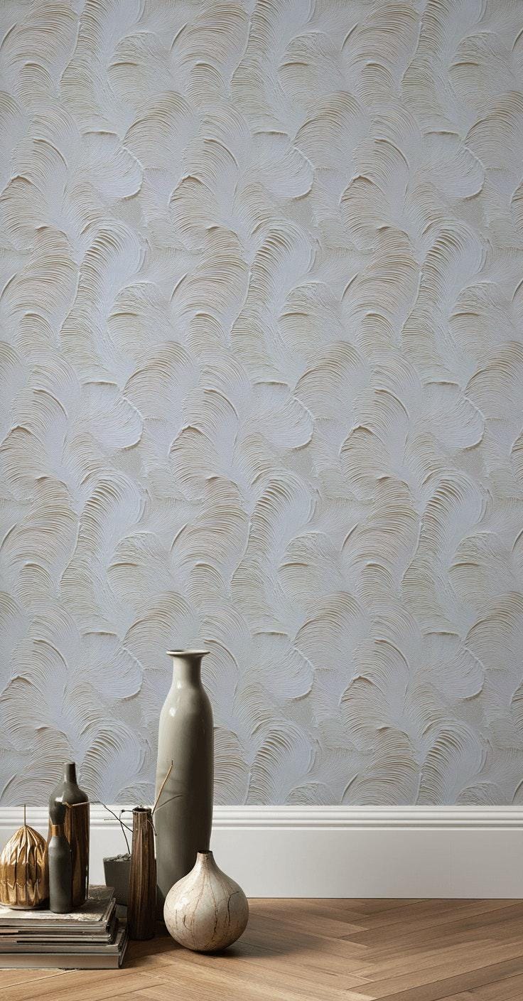 Artisan Faux Stucco Wallpaper, Off-White Fan Texture Peel & Stick Mural, Minimalist Vertical Panel