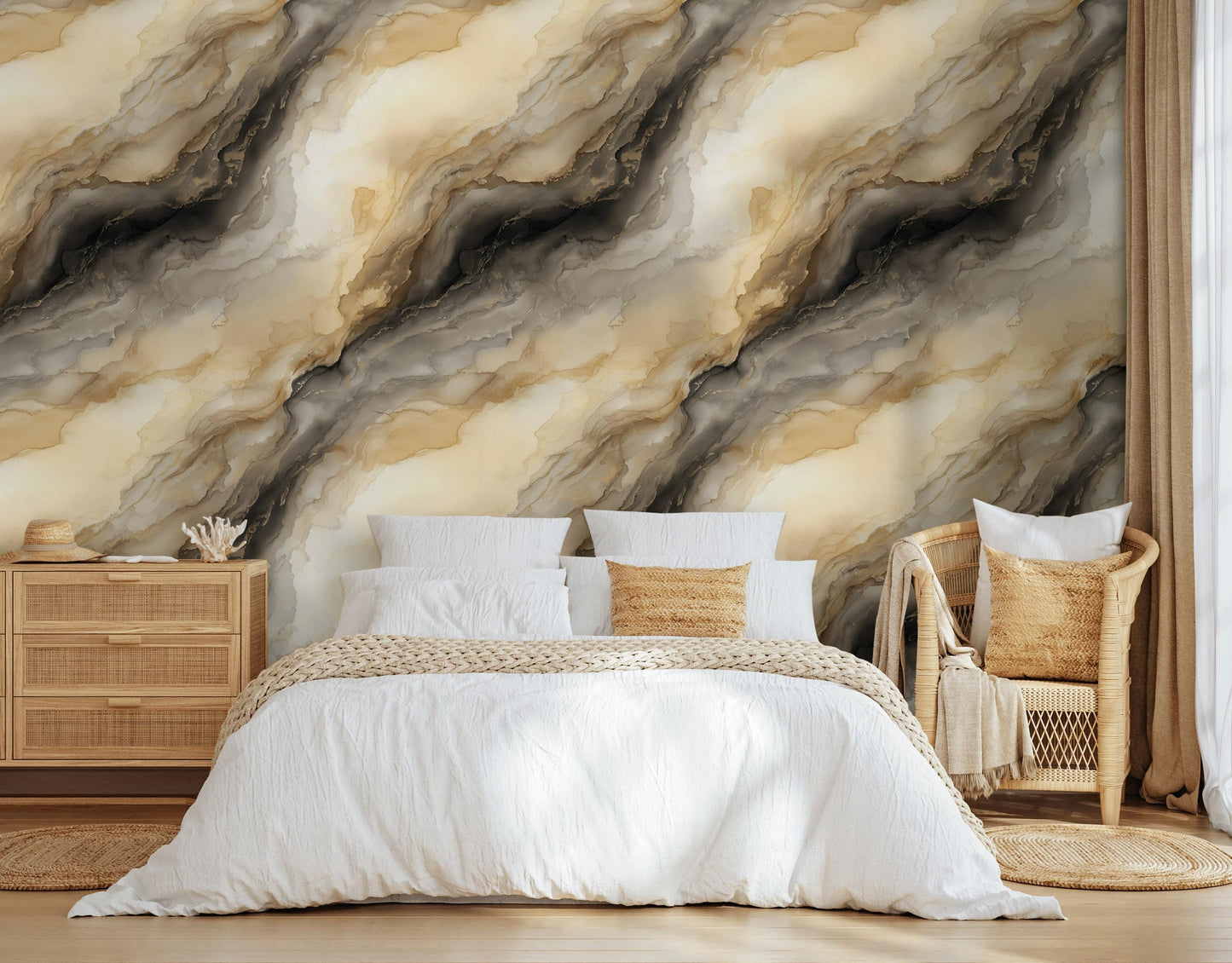 Abstract Gold Marble Wallpaper | Neutral Fluid Art Wall Mural | Modern Peel and Stick Decor