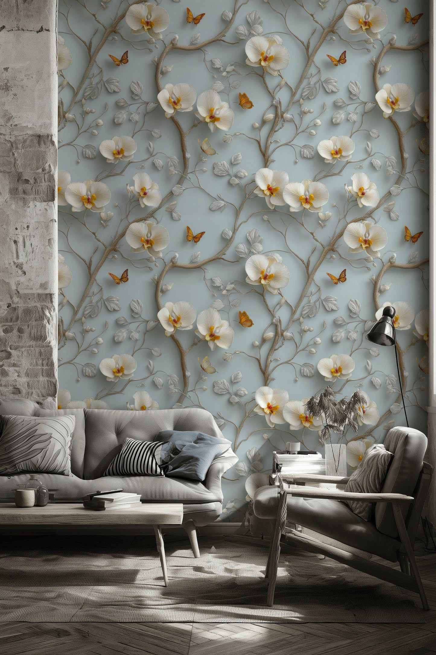 3D Orchid Wallpaper: Blue & White Butterfly Wall Mural - Peel and Stick