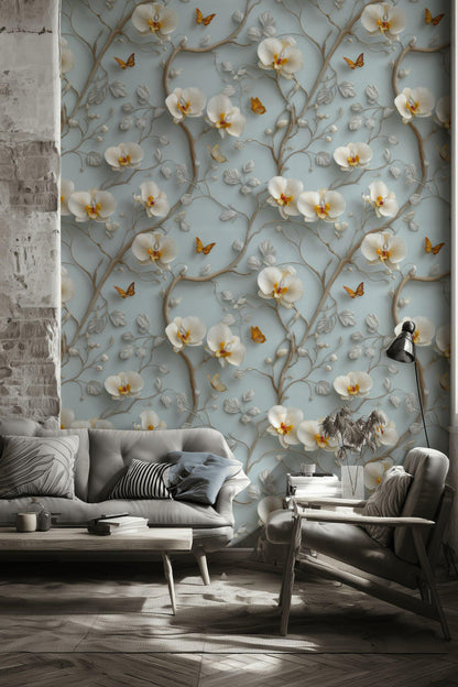 3D Orchid Wallpaper: Blue & White Butterfly Wall Mural - Peel and Stick