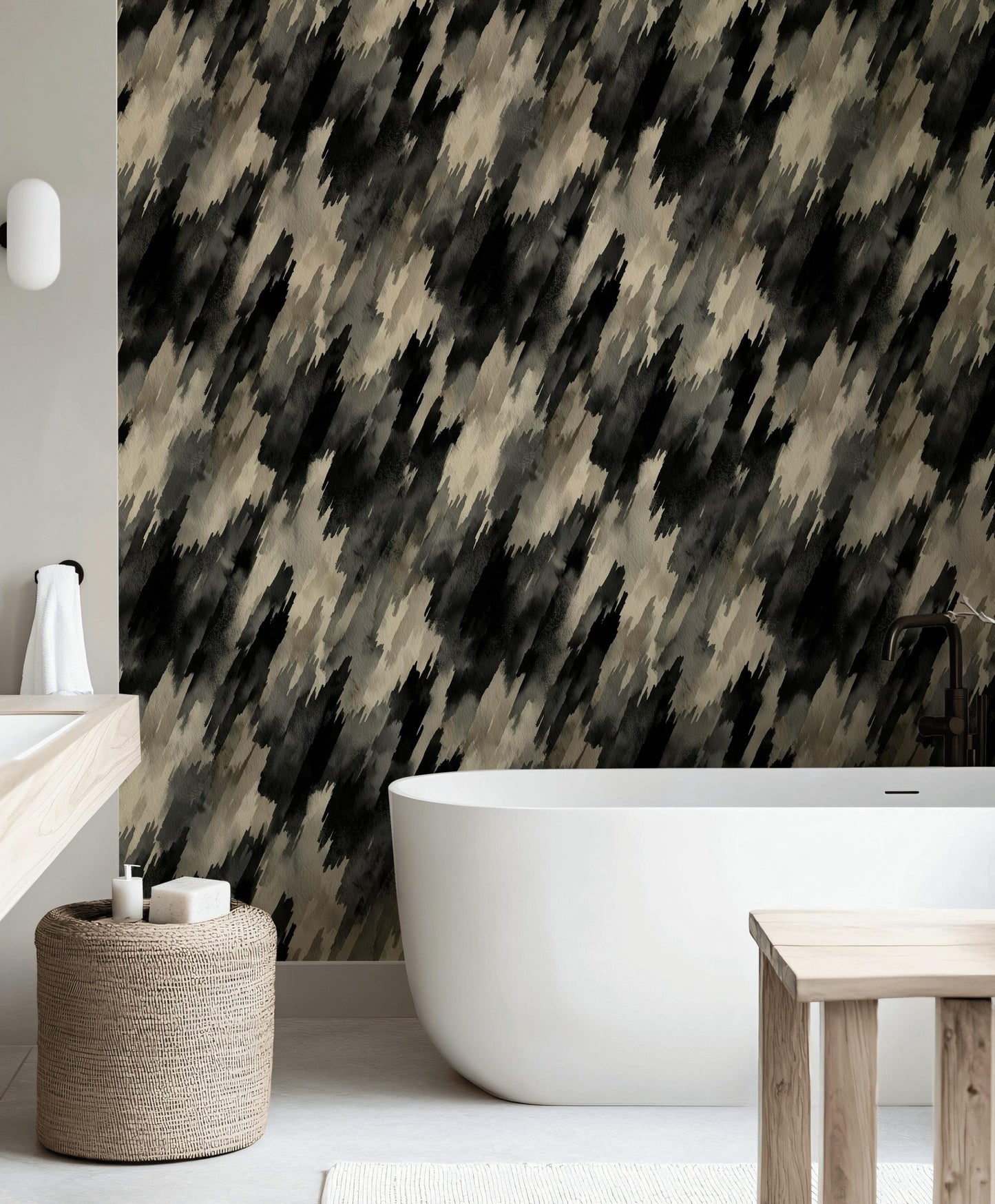 Abstract Diagonal Brushstroke Wallpaper, Black Gray Watercolor Peel & Stick or Unpasted Vertical Wall Mural