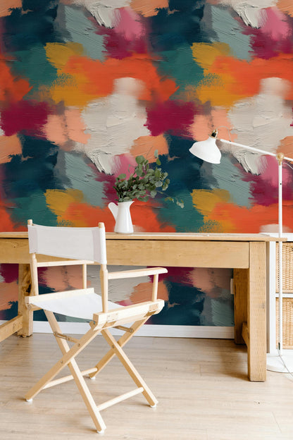 Abstract Bold Brushstroke Wallpaper | Textured Multi-Color Wall Mural | Modern Impasto Peel and Stick Decor