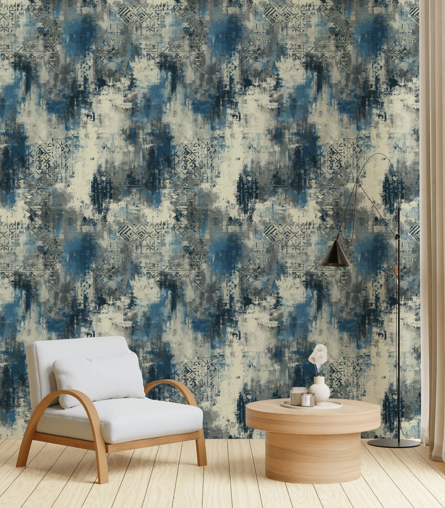 Abstract Blue Grey Wallpaper | Distressed Industrial Wall Mural | Modern Urban Peel and Stick Decor