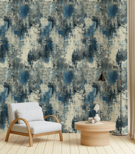 Abstract Blue Grey Wallpaper | Distressed Industrial Wall Mural | Modern Urban Peel and Stick Decor
