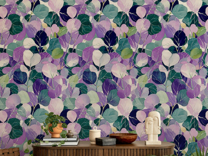 Watercolor Leaf Peel and Stick Wallpaper: Purple Green Botanical Wall Mural