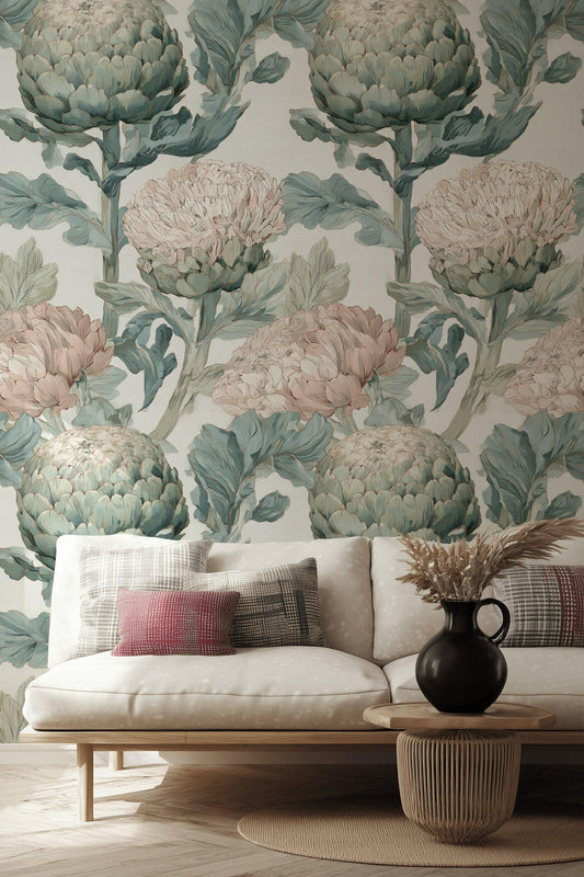 Vintage Botanical Peel and Stick Wallpaper: Artichoke Floral Mural