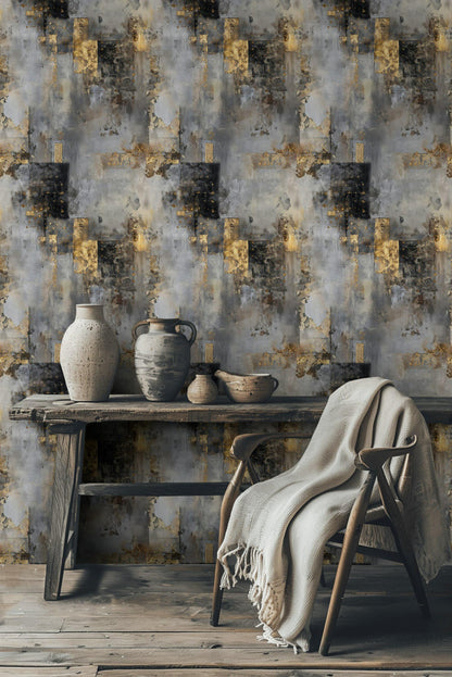 Distressed Concrete Texture Wallpaper | Luxury Gold Grunge Wall Mural | Modern Peel & Stick Art
