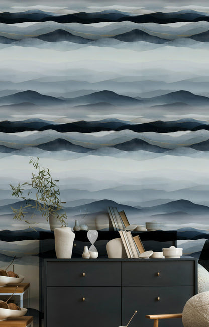 Blue Gray Mountain Wallpaper Mural: Gold Line Peel and Stick