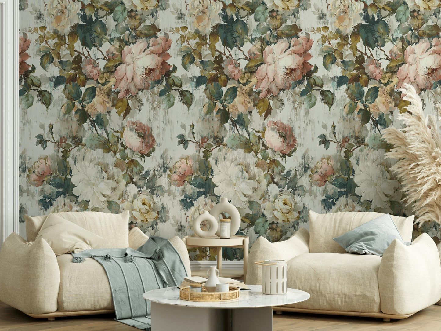 Vintage Floral Rose Wallpaper: Shabby Chic Peel and Stick Wall Mural