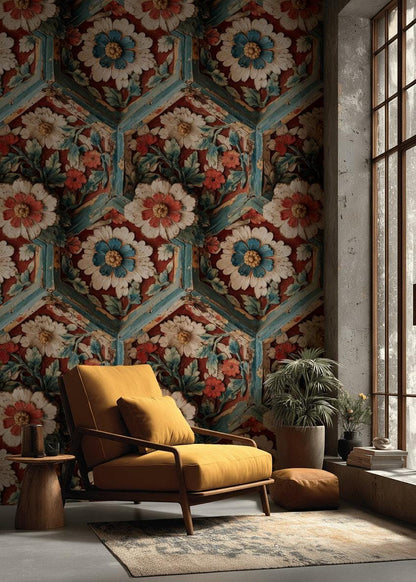 Faux Carved Wood Wallpaper: 3D Floral Peel and Stick Wall Mural